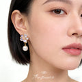 Lavender Enamel Orchid Flower Zircon Pearl Drop Stud Earrings view 2