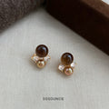 Gold Brown Tiger Eye Pearl Clear Crystal Cluster Stud Earrings view 1