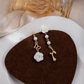 Mismatched White Rose Pearl Look Gold Dangle Stud Earrings view 4