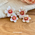 White Triple Flower Stud Earrings with Red Centers view 4
