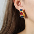 Gold Textured Hoop Earrings Red Green Blue Resin Pearl Accents view 7