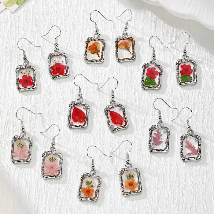 Silver Tone Ornate Rectangular Pressed Flower Drop Earrings in Seven Designs