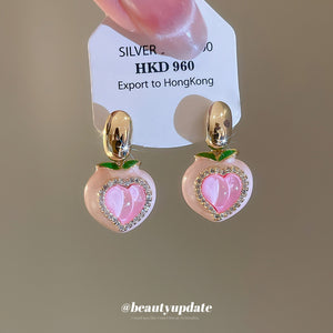 Pink Heart Earrings with Gold Tone Hoops and Crystal Borders