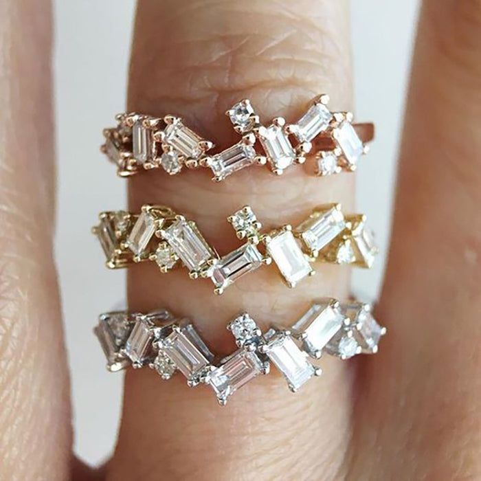 Baguette Clear CZ Zigzag Band Ring Three Metal Tones