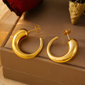 Chunky C Shape Hollow Horn Hoop Stud Earrings Gold Tone Metal view 2
