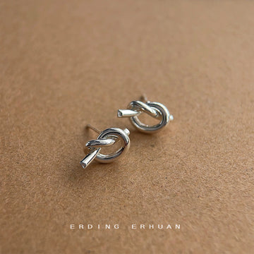 Silver Tone Rope Knot Metal Stud Earrings Polished Finish