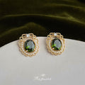Gold Tone Openwork Lace Frame Green Oval Stone Stud Earrings view 3