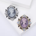 Ornate Cameo Lady Brooch Crystal Floral Frame Gray Purple view 1