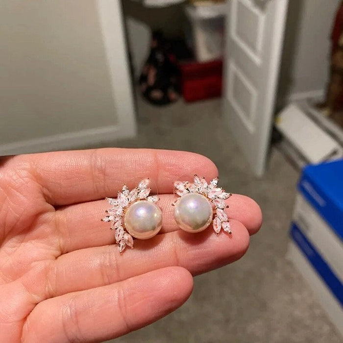 White Pearl Flower Marquise Crystal Stud Earrings Alloy
