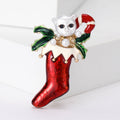 White Cat In Red Christmas Stocking Brooch With Green Leaves view 6