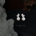 Silver Veined Leaf Top White Pearl Round Stud Earrings view 3