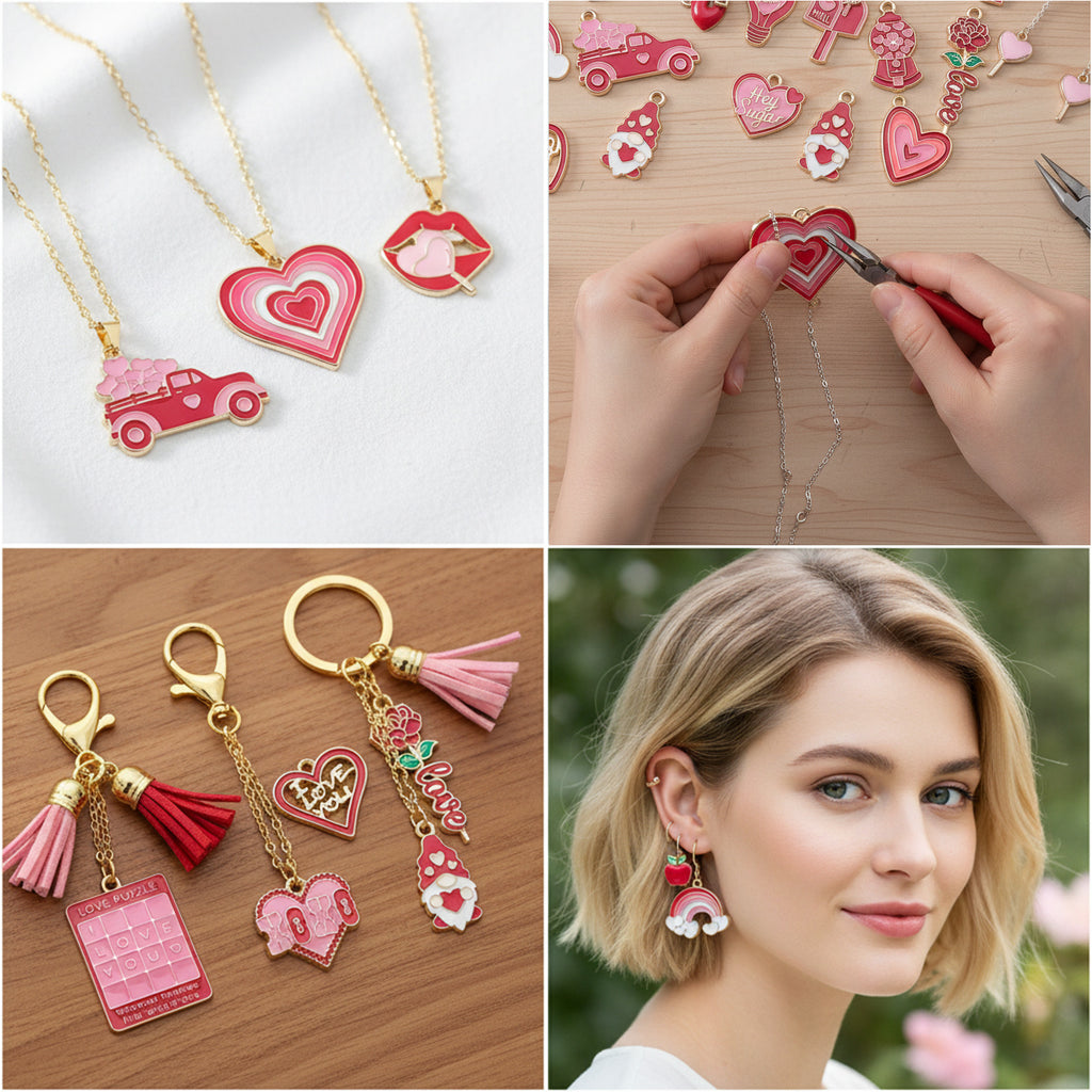 Enamel Zinc Alloy Heart Rose Flower Charm Pendant for DIY Bracelets Necklaces Earrings