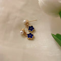 Blue Flower Pearl Drop Stud Statement Earrings Pair view 3