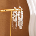 Pearl Look Silver Tone Chain Fringe Open Hoop Earrings view 2