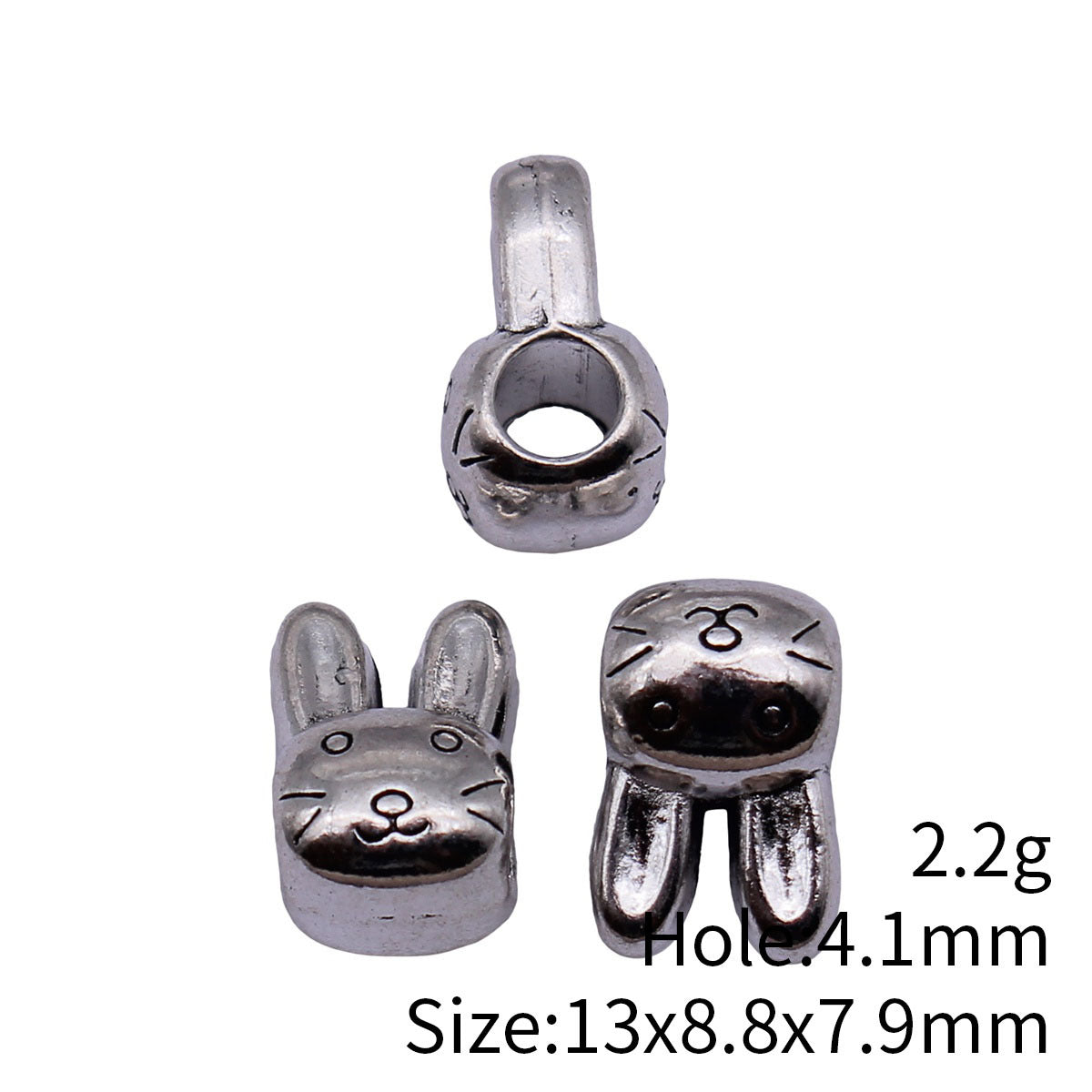 13x8.8x7.9mm 2.2g Antique Silver Zinc Alloy Rabbit Head Large Hole Double Sided Beads for Bracelet Jewelry Making
