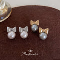 Silver Bow White Pearl Stud Earrings Mini Metal Ribbon view 3