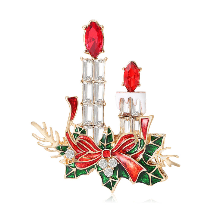 Christmas Double Candle Brooch With Red Bow and Holly