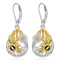 Two Tone Bee Daisy Teardrop Lever Back Drop Earrings Metal view 1