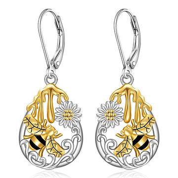 Two Tone Bee Daisy Teardrop Lever Back Drop Earrings Metal