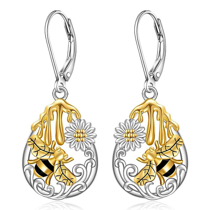 Two Tone Bee Daisy Teardrop Lever Back Drop Earrings Metal