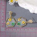 Gold Tone Hexagon Resin Pressed Flower Drop Stud Earrings view 8