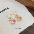 Gold-Tone Crystal Bow Pink Glass Cabochon Hook Earrings view 1