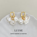 Gold Tone Square Top White Resin Petal Cluster Drop Earrings view 4