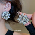 Silver Tone Blue Crystal Flower Statement Stud Earrings view 1