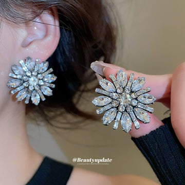 Silver Tone Blue Crystal Flower Statement Stud Earrings