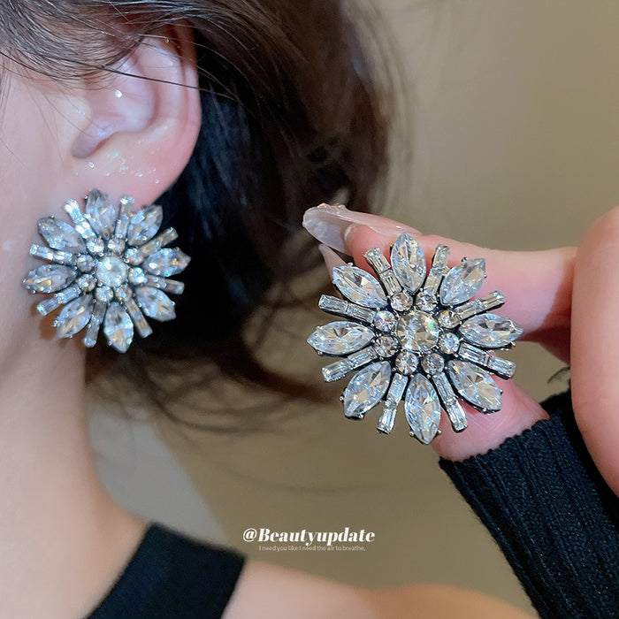 Silver Tone Blue Crystal Flower Statement Stud Earrings