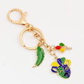 Gold Tone Carnival Jester Mask Charm Keychain with Colorful Feather Accent view 3