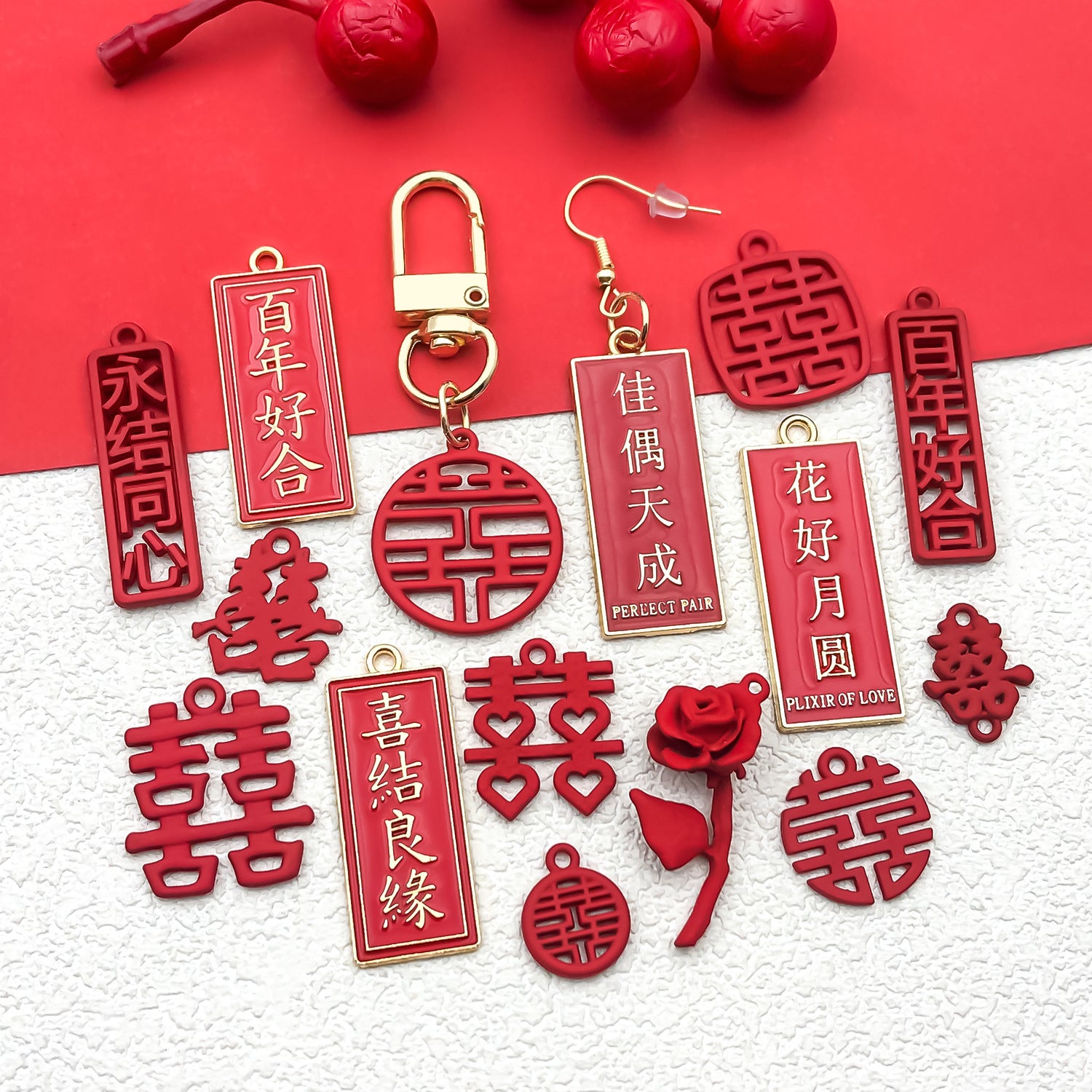 Zinc Alloy Double Happiness Square Charm Pendant for Wedding Candy Box DIY Decoration