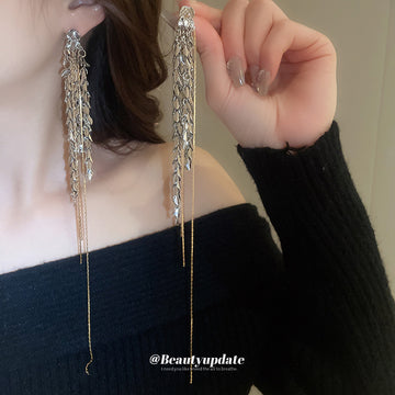 Two Tone Wheat Leaf Chain Fringe Statement Stud Earrings