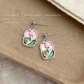 Silver Tone Drop Earrings Pink Green Enamel Floral Plaques view 4