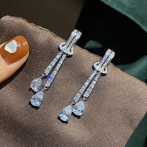 Silver-Tone Twin-Bar Drop Earrings with Two Pear Clear Stones
