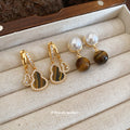 Pearl and Brown Stone Shell Drop Earrings in Gold Tone view 3