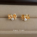 Gold Tone Amber Flower And White Pearl Stud Earrings For Women view 3
