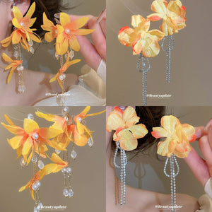 Yellow Fabric Flower Drop Earrings with Silver Chain or Crystal Drops