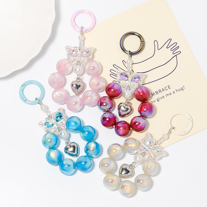 Crystal Butterfly Bead Loop Keychain Heart Charm Four Colors