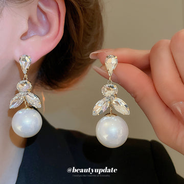 Crystal Leaf Cluster and Pearl Look Statement Drop Earrings