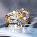 Round Clear Solitaire Baguette Multi-Row Wide Ring Gold Tone view 2