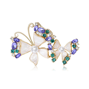 Double Butterfly Brooch in Gold or Silver With Shell Effect Wings