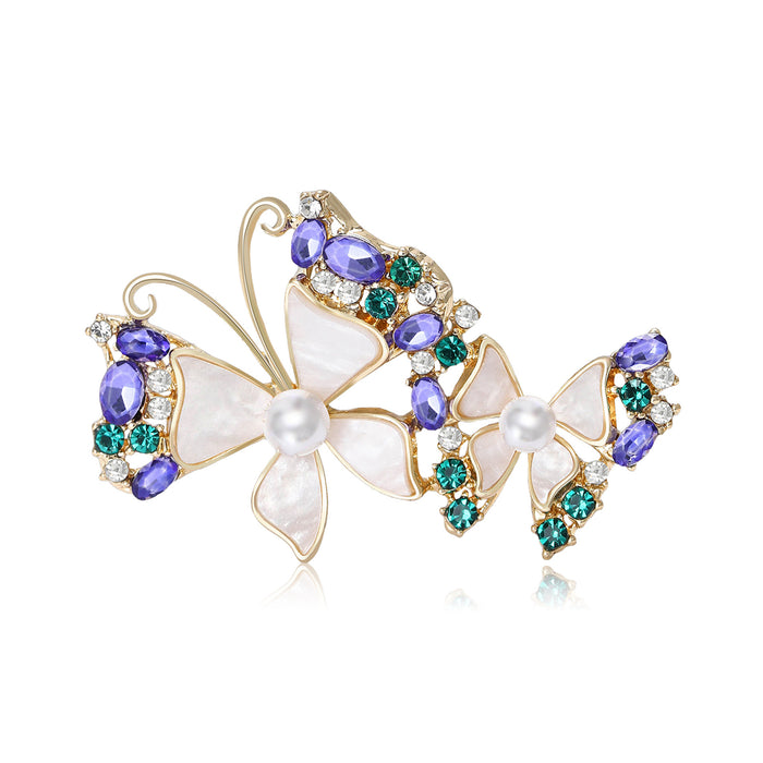 Double Butterfly Brooch in Gold or Silver With Shell Effect Wings