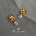 Gold Tone Flower Stud Earrings Baroque Pearl Drops view 4