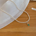 Layered Pearl Necklace with Green Teardrop Pendant view 6