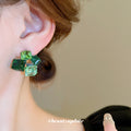 Green Square Crystal Cluster Stud Earrings With Decorative Details view 3