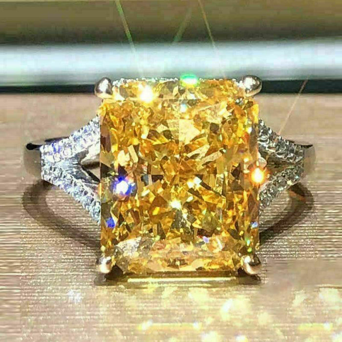 Oversized Yellow Rectangular Solitaire Split-Band Ring In Silver Tone
