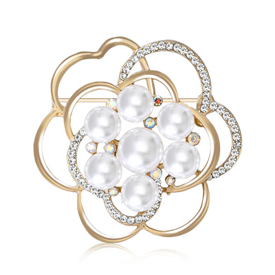 Openwork Pearl Flower Brooch front view on a plain background