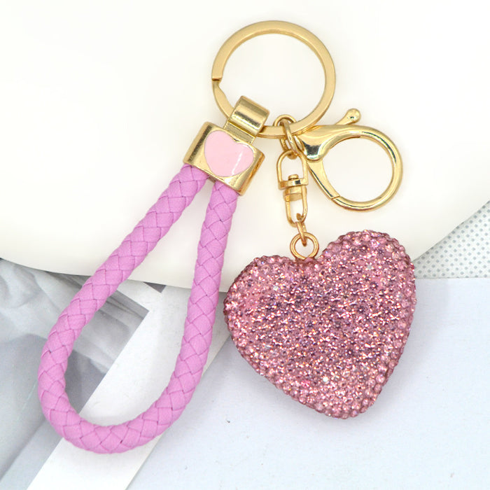Rhinestone Heart Keychain Braided Cord Gold Tone Metal Charm