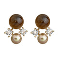 Gold Brown Tiger Eye Pearl Clear Crystal Cluster Stud Earrings view 5